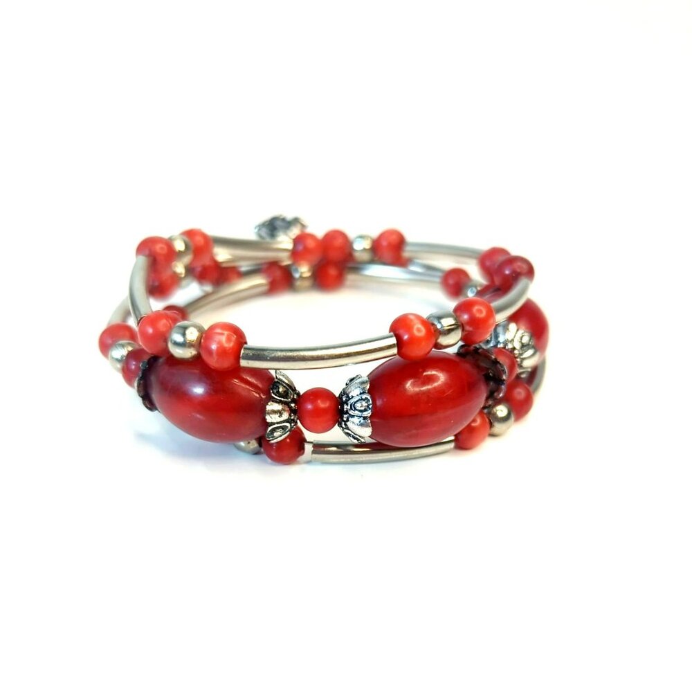 Red Silver Color Beads Wrap Fashion Bracelet With Elephant Charm